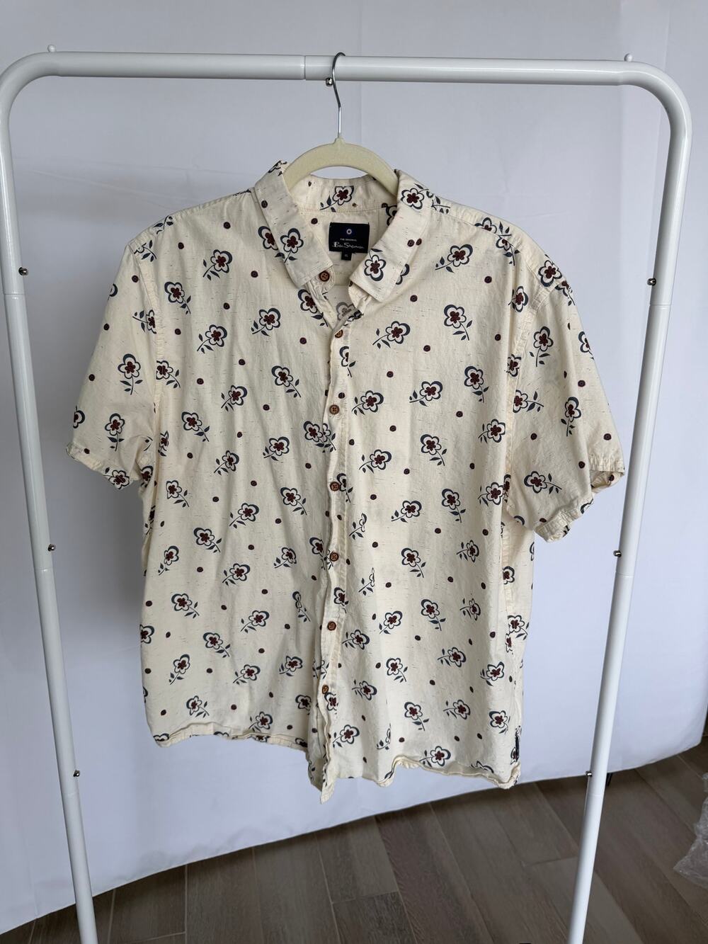 Ben Sherman Men’s XL Cream Floral Short Sleeve Button Up Shirt Retro Mod